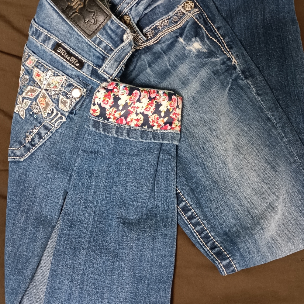 Miss Me Dark Blue Skinny Jeans with Floral Lining